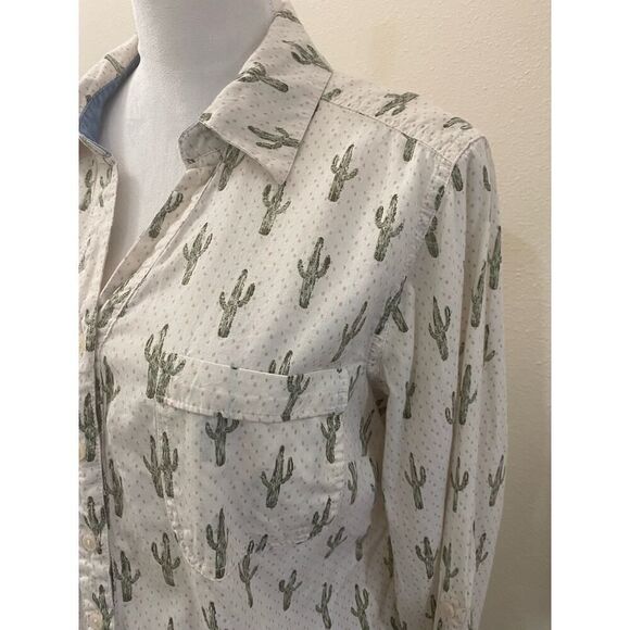 Style & Co. Cactus Print Button Down Shirt Long Sleeve V Neck Earthy Size M - Picture 3 of 8
